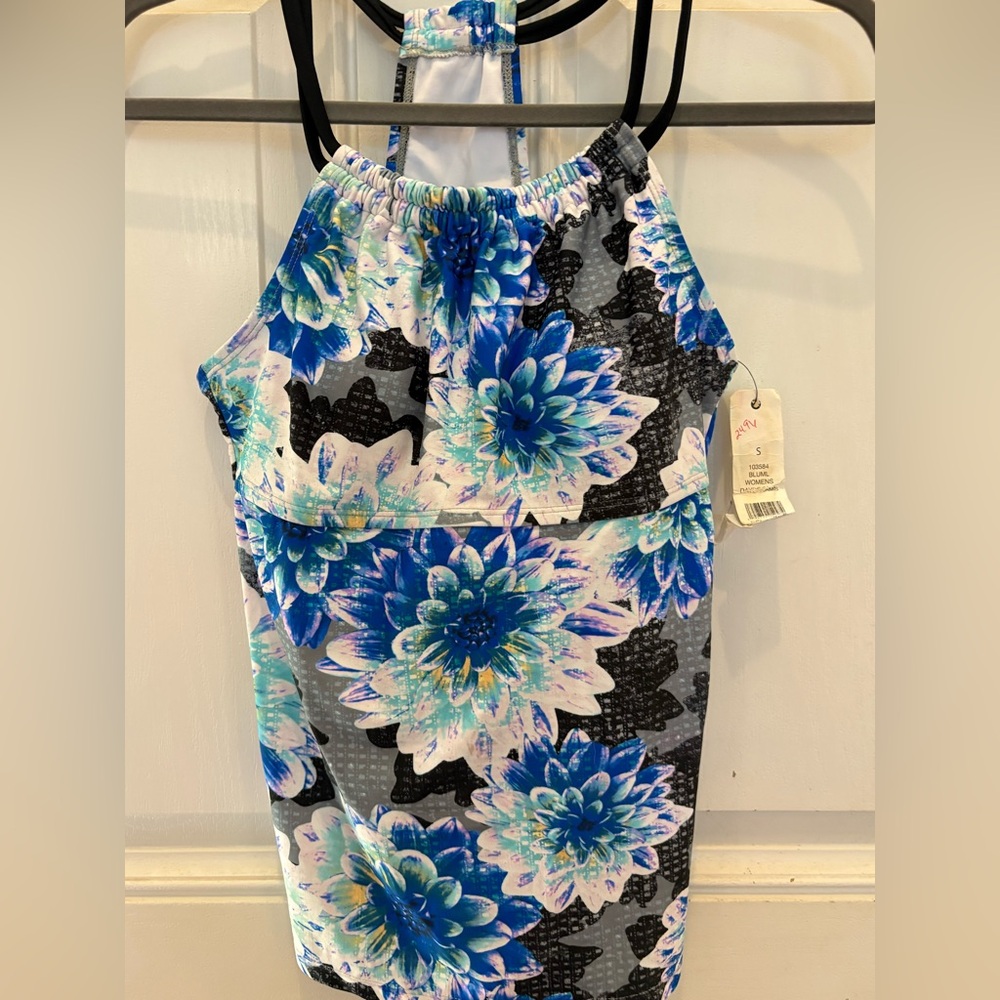 ZELOS Blue and Black Floral tankini top